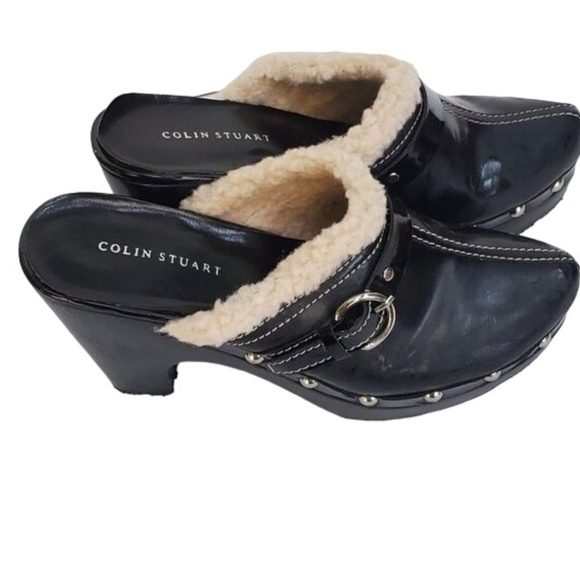 Colin Stuart Mule Clog Black Leather Faux Fur Buckle Studs Size 8 - Picture 1 of 9